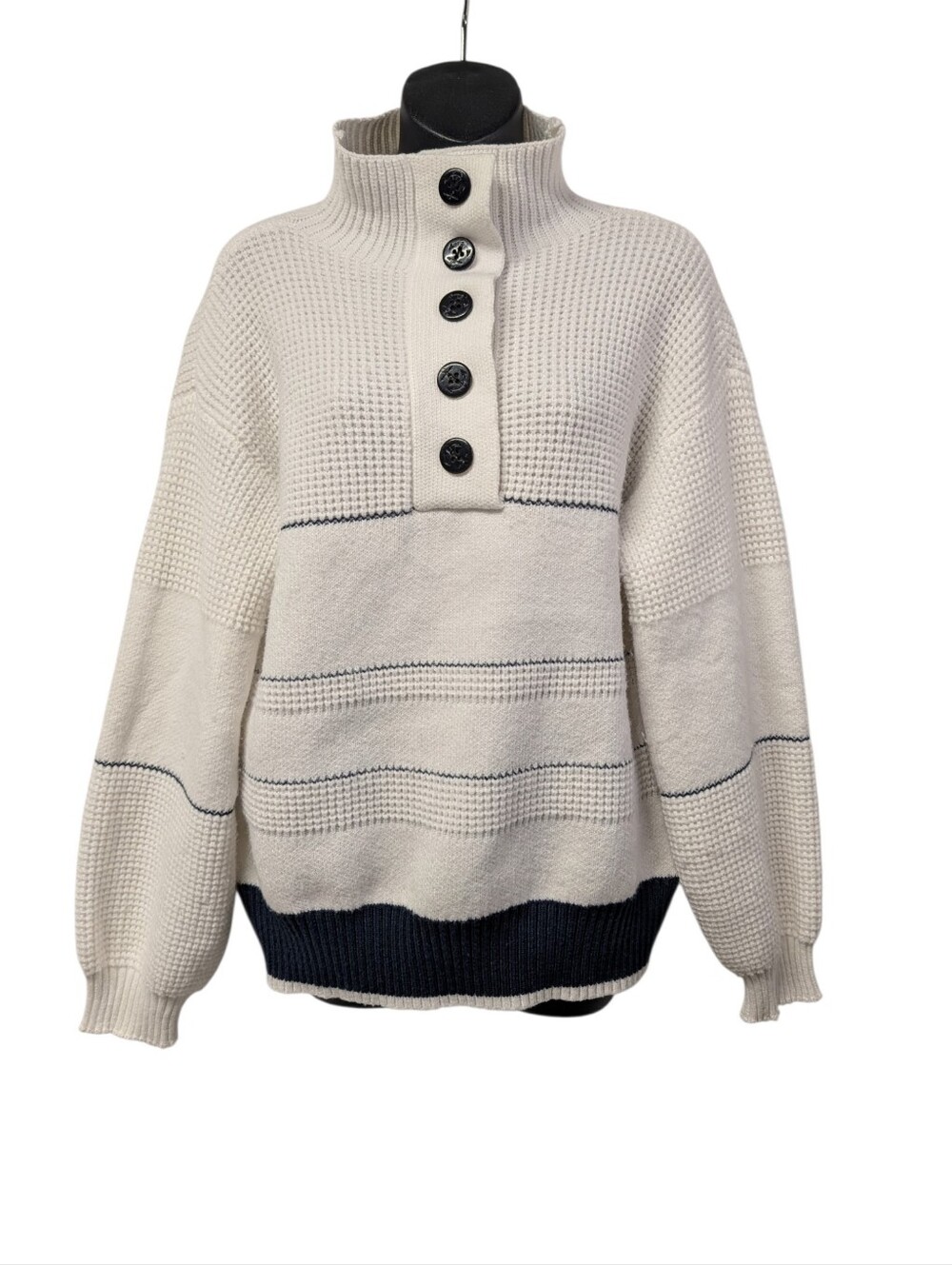Commense Cream Stripe Mock Neck Button Pullover Sweater Nautical Knit Large L